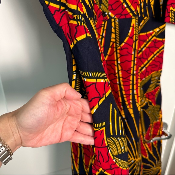 Grass-Field Button Down Dress Red Navy Bird Palm size UK14, US 10 - Picture 5 of 12